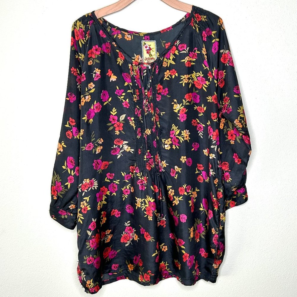 Johnny Was Black Long-Sleeve Floral Tunic with Pink and Yellow Roses